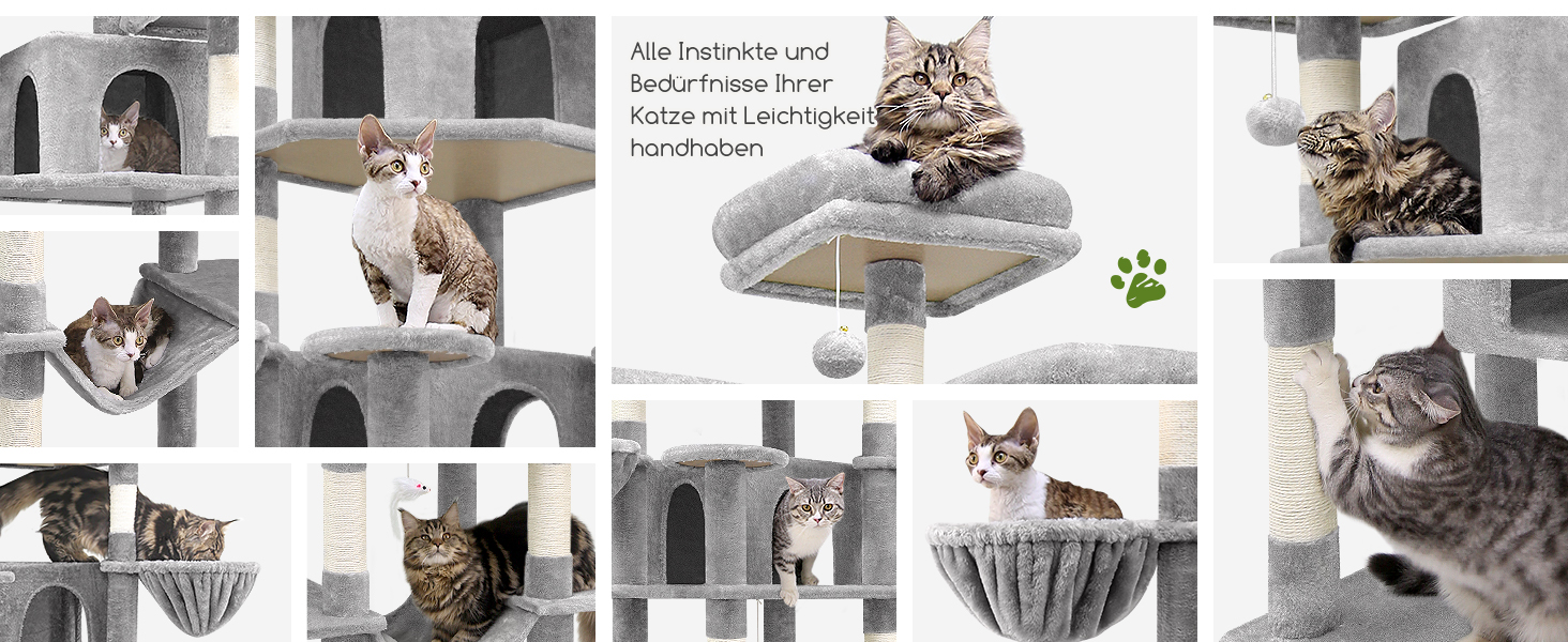 Кігтеточка Globlazer XXL 204 см: 3 стійкі сидіння, 2 будиночки, 2 корзини, гамак, для великих котів, сірий (F80)