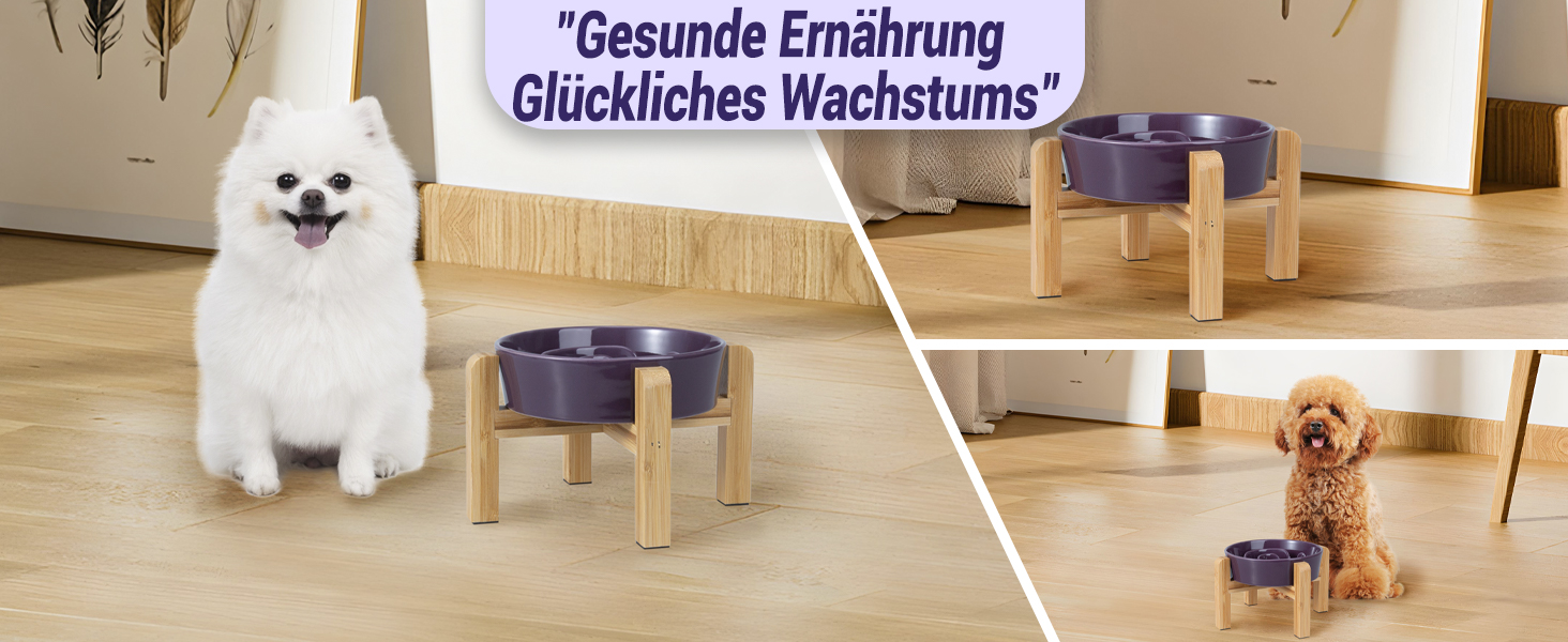 Антислизька годівниця для собак з кераміки, піднята - годівниця на бамбуковому підставці - для повільного годування - для маленьких та середніх собак - біла - діаметр 17 см