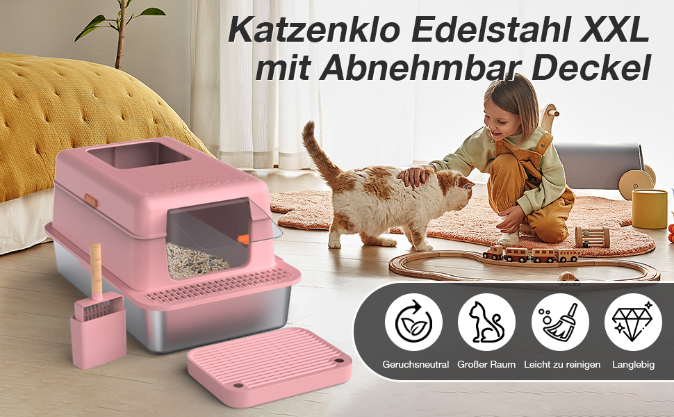 Котячий туалет з нержавіючої сталі з кришкою 60x40x39 см, 36 л, подвійний фільтр, совок, високий борт, закритий, легке очищення, рожевий