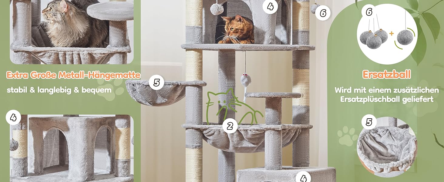 Кігтеточка Taoqimiao 193 см, велика, XXL, з будиночками, гамаком, кошиком та 7 стовпчиками для дряпання, MS047G, сірий колір