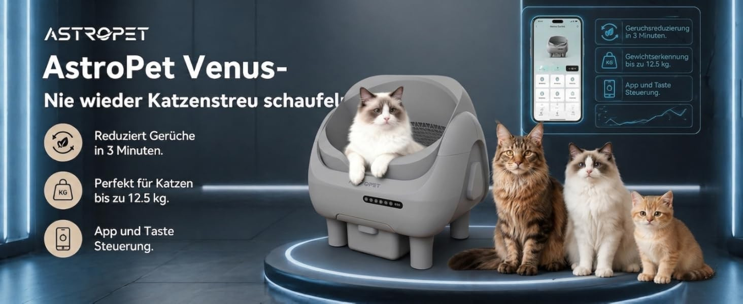 Автоматичний котячий туалет AstroPet з Wi-Fi керуванням, UVC-стерилізацією, контролем запаху та захистом 5 рівнів, об'єм 12л, для великих котів