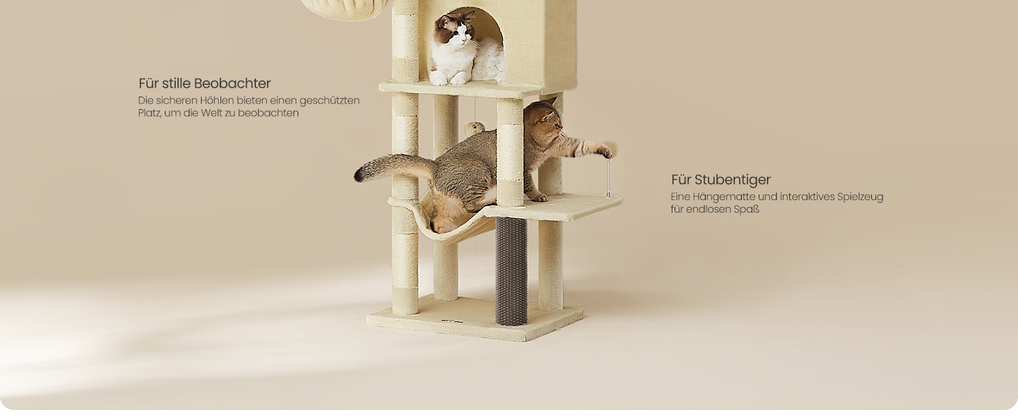 Дерев'яний будиночок для котів Feandrea, 175 см, XL, багатоярусний, з 2 будиночками, 2 лежаками, 5 стовпчиками для шліфування, щіткою для котів, великою платформою, пісочно-бежевий