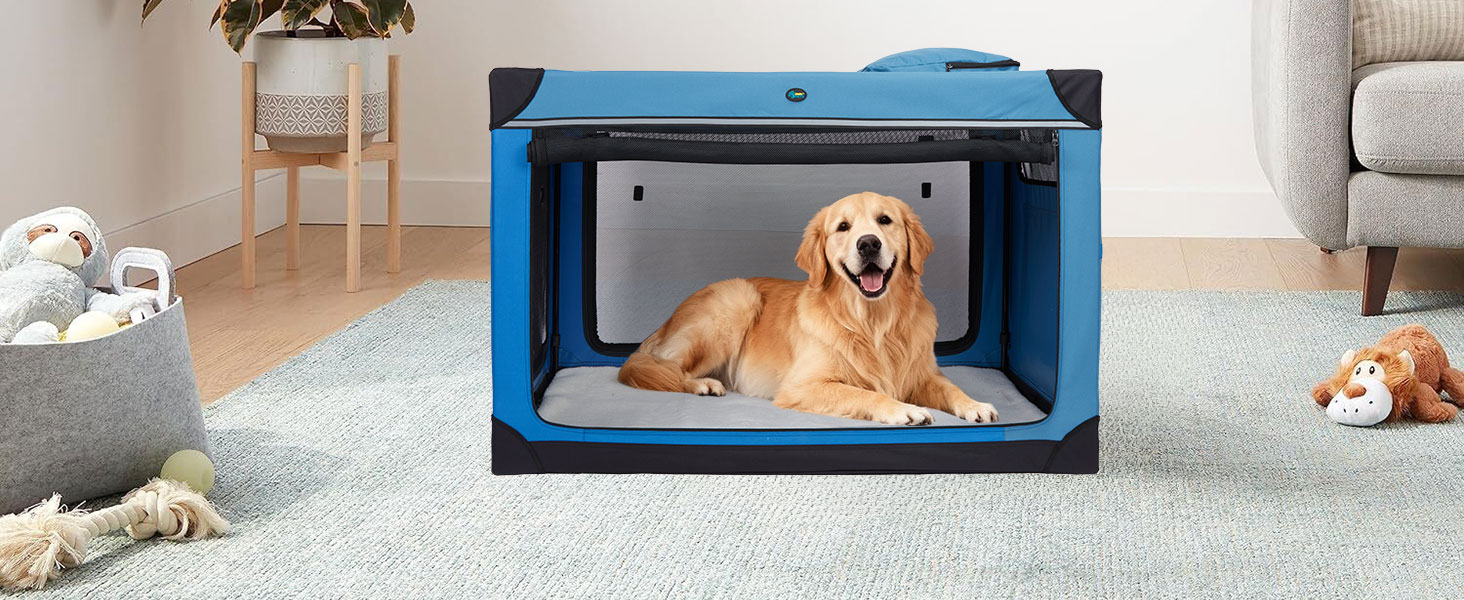 Складаний переносний вольєр для собак Ownpets XXL (122 см), блакитно-чорний, з м'якою підстилкою та міцними сітчастими вікнами