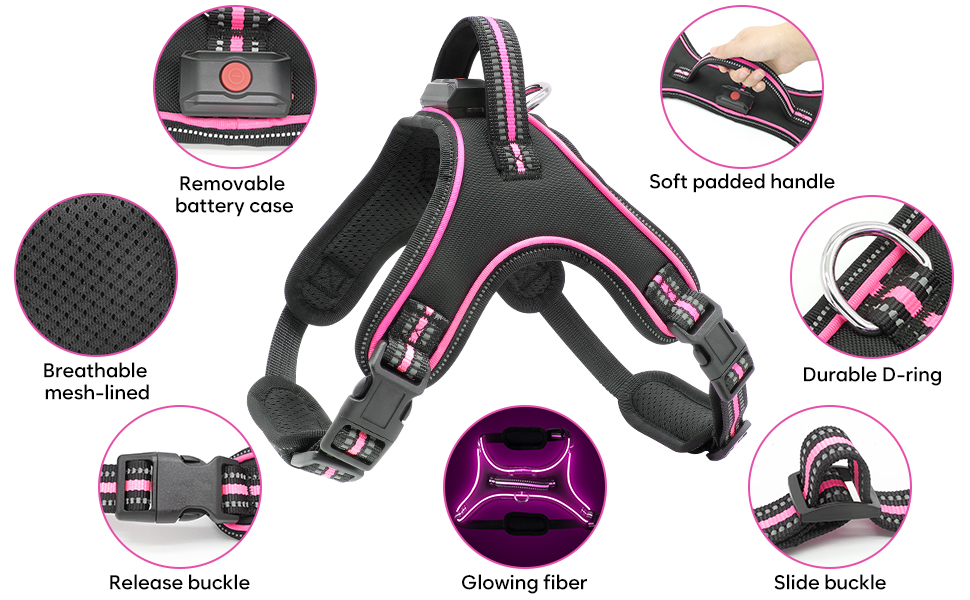 Світлодіодне шлейка для собак з підсвічуванням, заряджається, з ручкою, світловідбиваюча, для безпеки вночі, середніх, маленьких та великих собак (Рожева, XL)