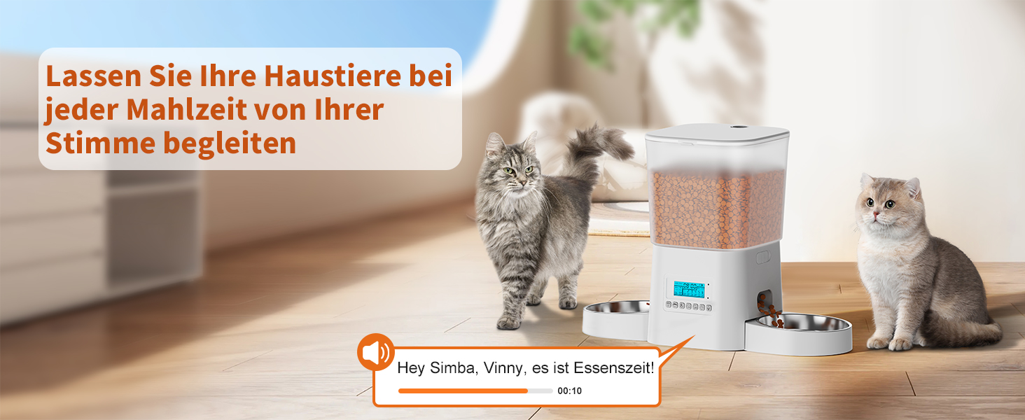 Автоматичний годівниця для котів HoneyGuaridan з 2 мисками, розподіл корму для 2 котів, об'єм 3.5л, для собак та котів, з нержавіючої сталі, з функцією запису голосу, програмування до 6 прийомів їжі на день