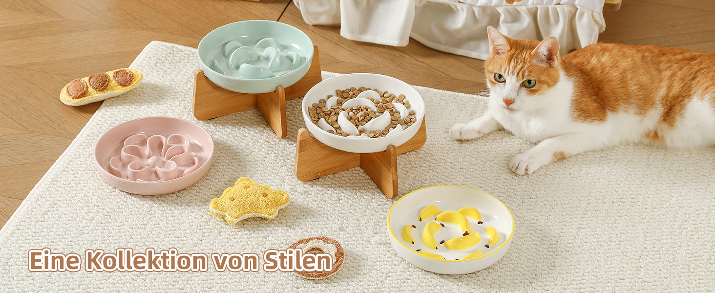 Антислизький годівниця для котів з кераміки з металевим підставкою - Підвищена годівниця проти захлинування - Лабіринтова миска для повільного годування - Рожевий (миска + бамбук - білий)