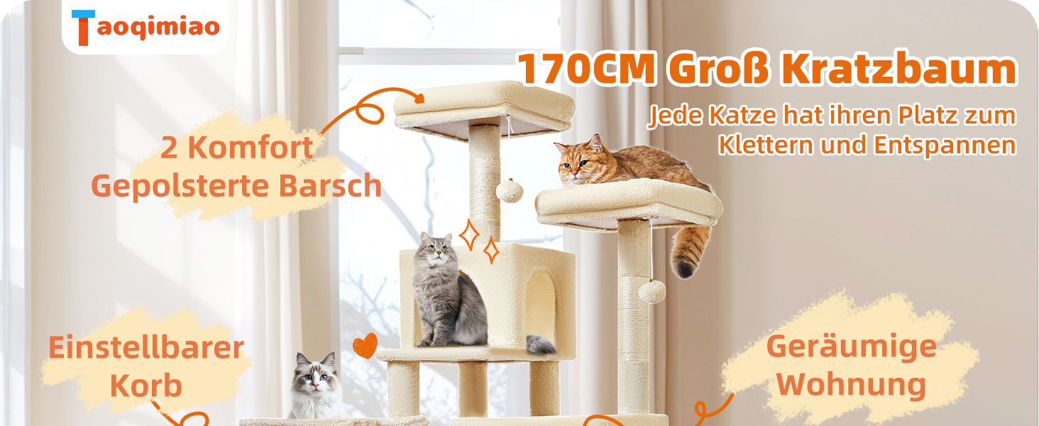 Декількаповерховий комплекс для котів Taoqimiao 170 см з будиночками, гамаком, корзиною та 8 стовпчиками для дряпання, MS013M, бежевий