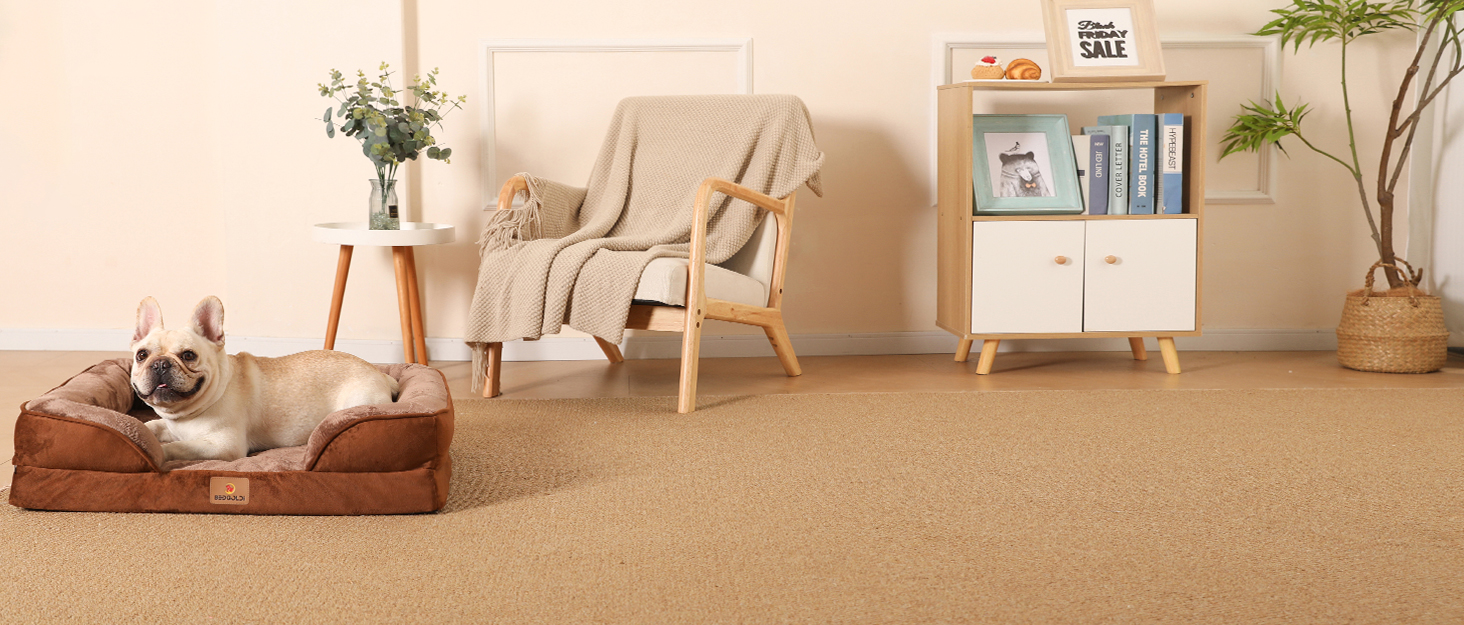 Ортопедичне ліжко для собак великих порід, ергономічне диван-лежанка з піною у формі подушки, водовідштовхуваче ліжко з неслизьким покриттям, 89x63 см, світло-сірий, коричневий, розмір 89 x 63 x 17 см