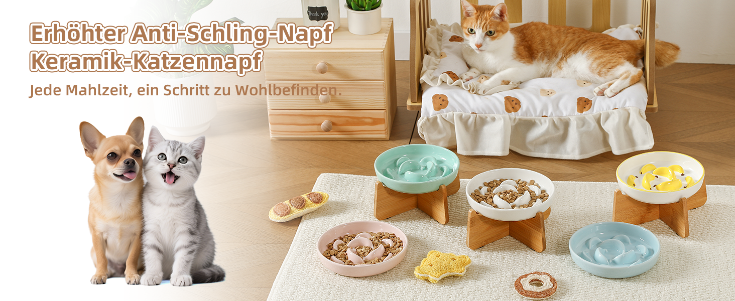 Антислизький годівниця для котів з кераміки з металевим підставкою - Підвищена годівниця проти захлинування - Лабіринтова миска для повільного годування - Рожевий (миска + бамбук - білий)