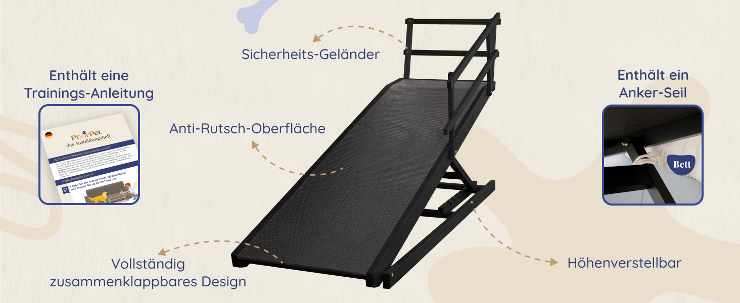 Східці для собак до ліжка з захисним бар'єром - для великих собак до 90 кг - регульована висота до 94.5 см - ширина 49.5 см - складані - антиковзні ручки - береза - натуральний колір (чорний)