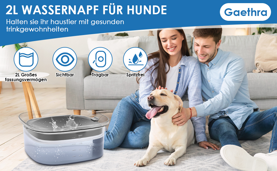 Миска для води для собак Gaethra без розливання, 2L, анти-розливання, велика миска для води для собак, миска для собак, витокозахисна, фонтанчик для собак, що багато п'ють