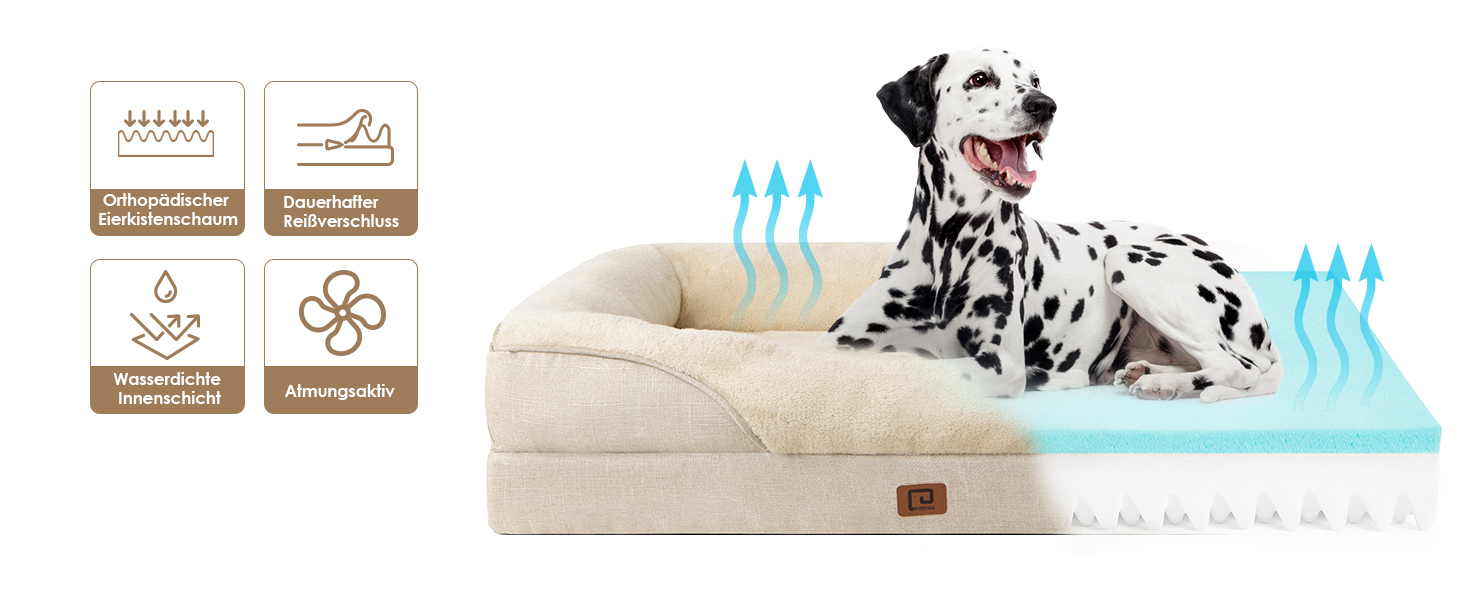 Ортопедичне ліжко для собак середніх порід EHEYCIGA, 91x68x17.5 см, Memory Foam, водонепроникне, з бортиками, антиковзаюче, бежеве