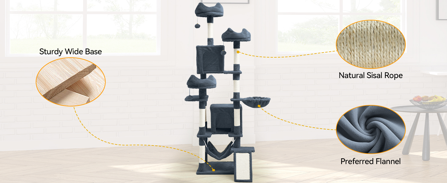 Кігтеточка YITAHOME 190 см, багатоярусна, з сизалю, з гамаком та лежаками, сіра – центр активності для котів