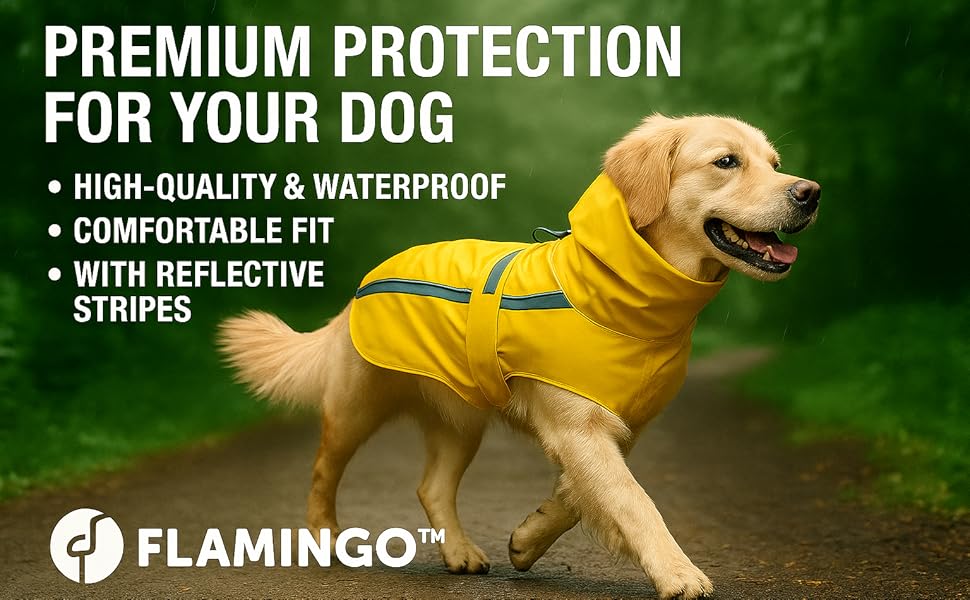 Жовтий дощовик для собак Ciro - розмір A:80см B:69см C:89-98см - поліестер, водонепроникний, з світловідбиваючими смугами, на липучці, можна прати при 30°C