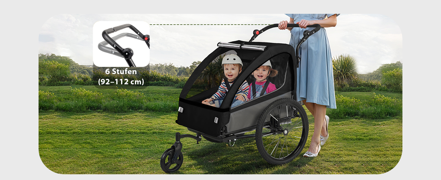 Дитячий велопричіп 2в1 з функцією коляски та бігуна, амортизація, регульована ручка-штовхач та гальма, для 1-2 дітей, до 40 кг, чорний