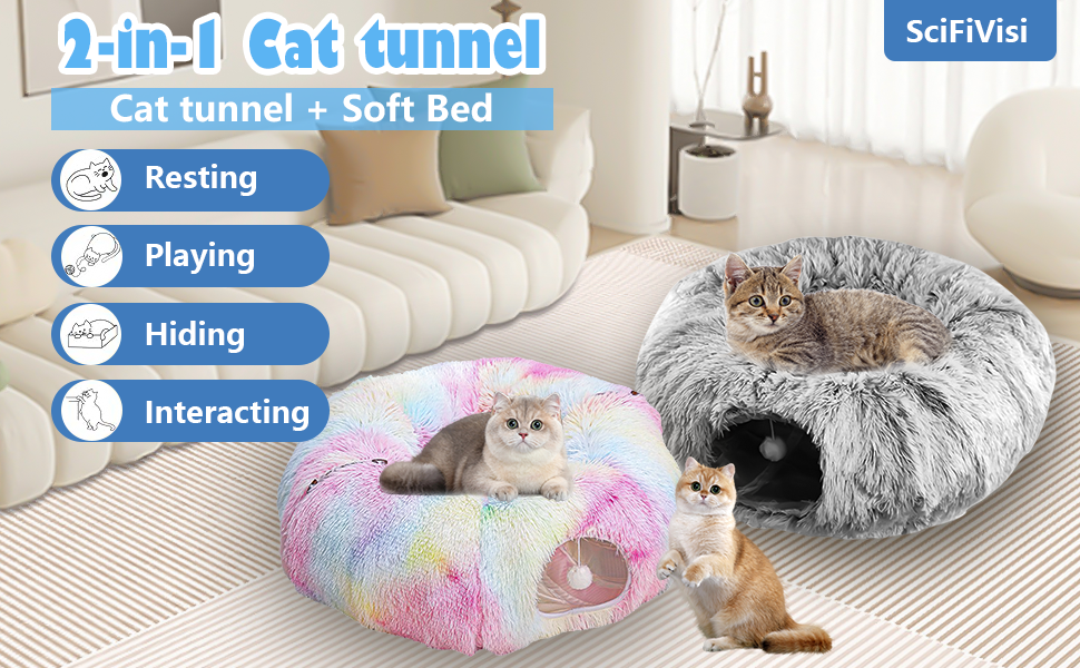 Туннель для котів, великий, з місцем для сну та лежаком, 2 входи, котяча печера, підвісні кульки, тунель для кота, кольоровий