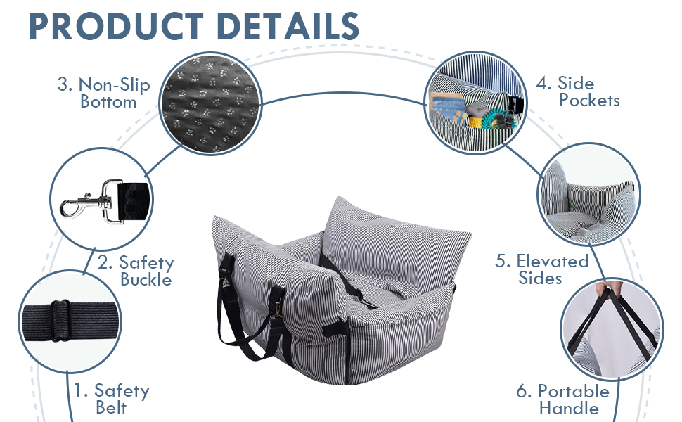 Автокрісло для собак - автокрісло-бустер для маленьких та середніх собак до 18 кг, з ременем безпеки та кишенями для зберігання, миється, антиковзаюча підставка (смугастий морський колір), 30x20.5 дюймів
