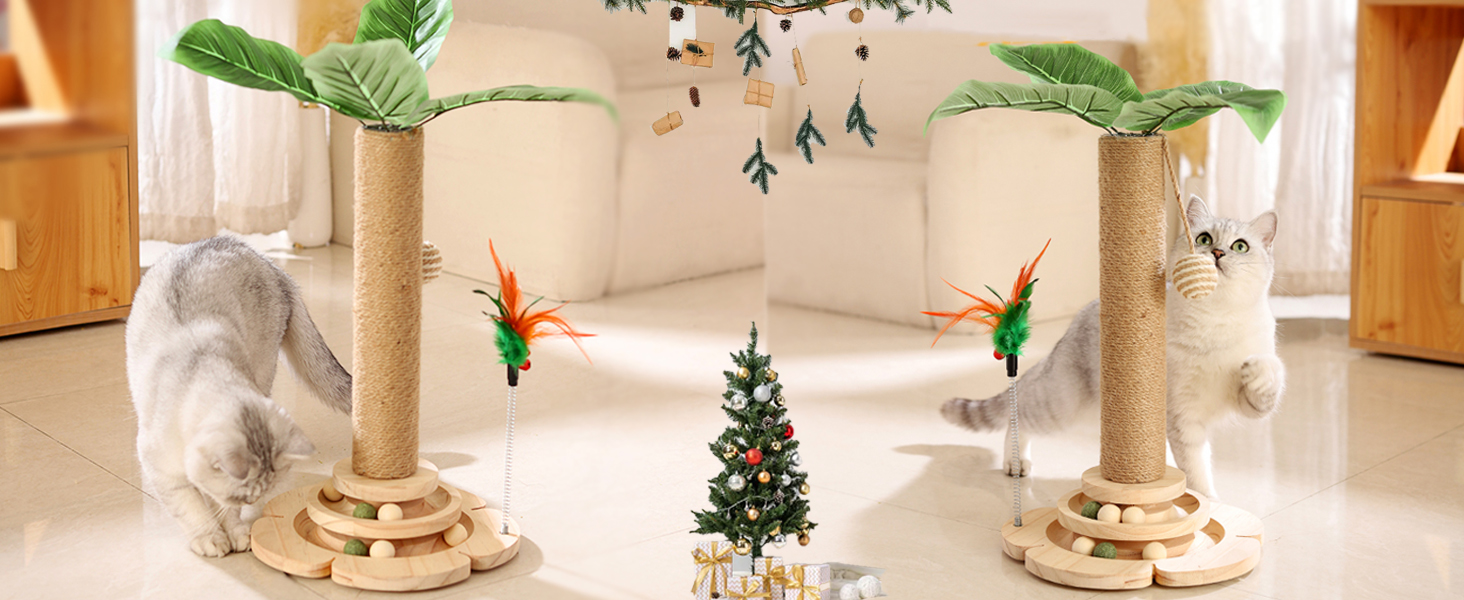 Кігтеточка для котів Marchul велика з м'якою плюшевою оббивкою та іграшкою-м'ячиком, 68 см, бежевий колір