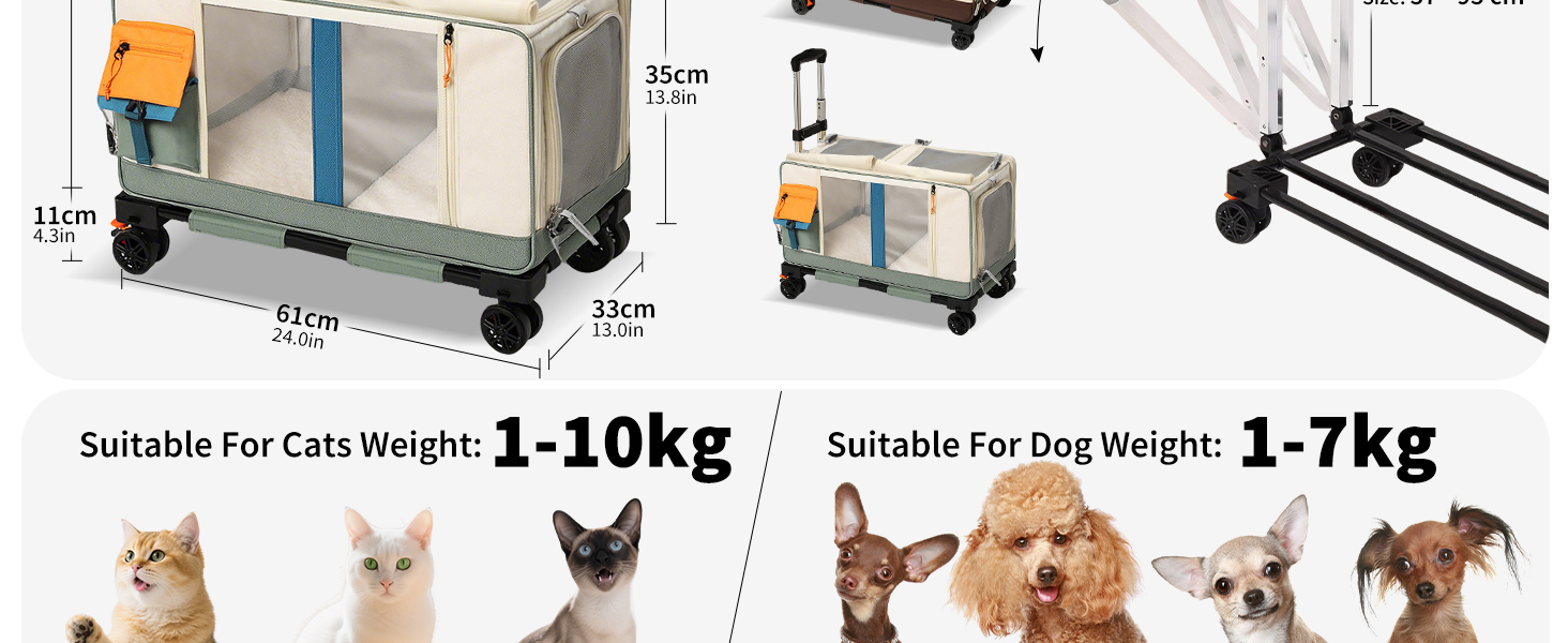 PETCUTE Транспортна сумка для тварин на 2 котів/собак з 2 відділеннями та знімними колесами, дихаюча, для подорожей, прогулянок, кемпінгу, бежево-коричнева