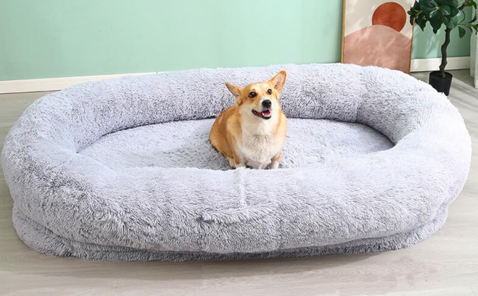 Ліжко для собак Noviclass® XXL 190 см | Ортопедичний матрац з Memory Foam | Зігріваюча ковдра та подушка | Сірий колір | Для великих собак