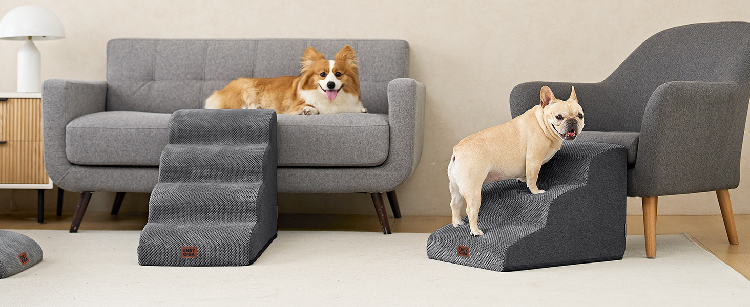 Сходинки для собак EHEYCIGA - 50 см, сірі. Зручні сходи для маленьких собак до дивану/ліжка. 4 сходи, матеріал - високощільний губчастий, з антиковзким покриттям та знімним чохлом. Розміри: 72 x 40 x 50 см.