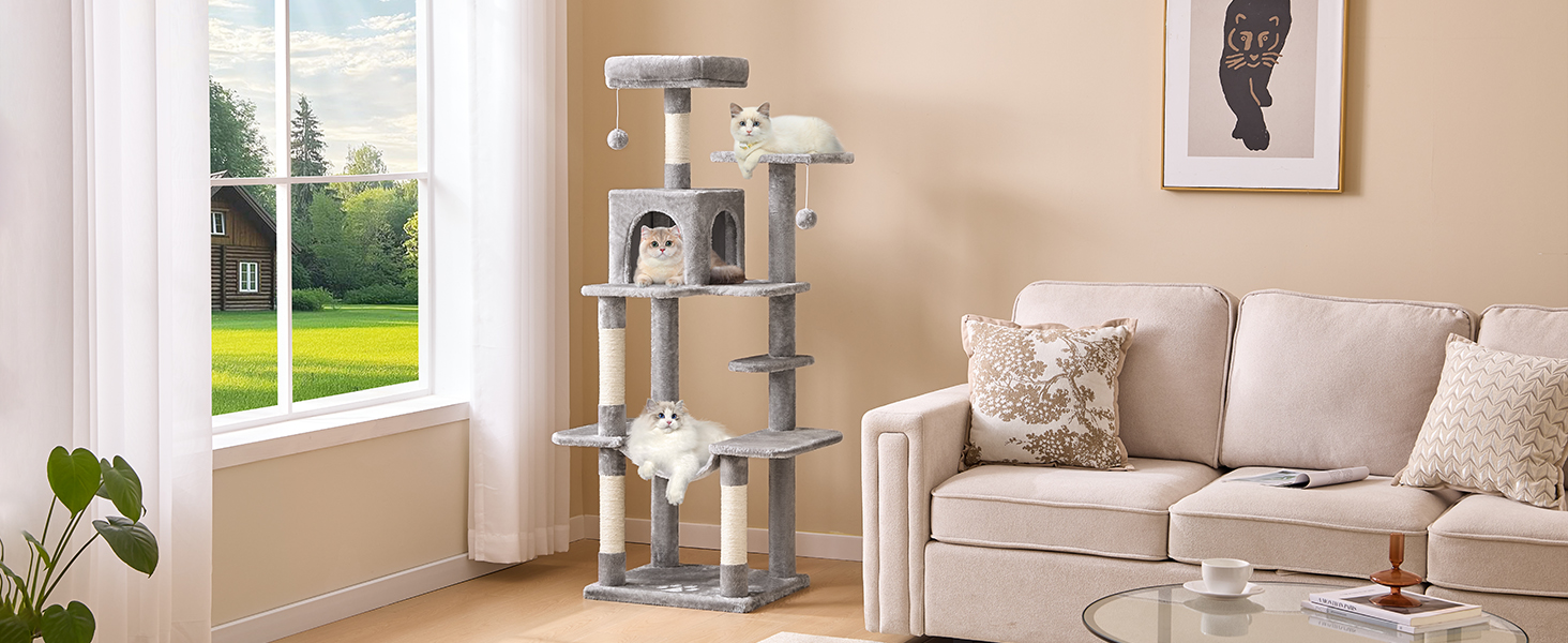 Кігтеточка для котів MSmask велика, багатоярусна з платформами, гамаком та сизалевими стовпчиками (сірий)