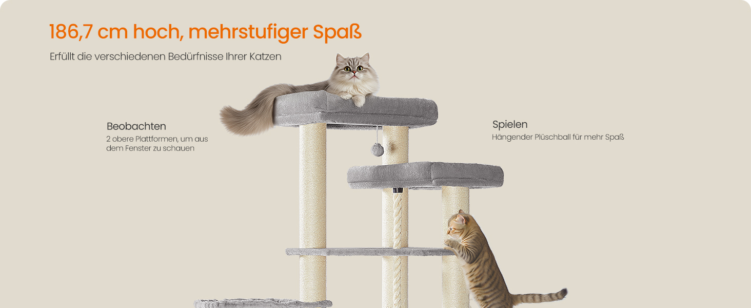 Декілька поверхів, великий котячий будиночок Feandrea, XXL, 55 x 55 x 186,7 см, товсті сизалеві стовпи (11 см), для великих котів (наприклад, мейн-кун), сірий та чорний котячий будиночок, PCT008G02