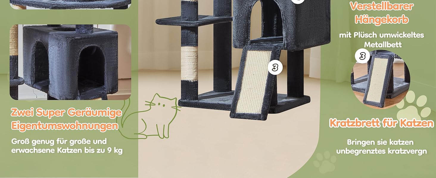 Котячий будиночок Taoqimiao 193 см XXL: великий, стабільний, з 2 будиночками, 7 стовпчиками для дряпання, гамаком та кошиком (MS047G, сірий)