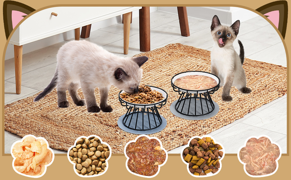 Набір мисок для котів з кераміки з металевим підставкою (2 шт.) - підняті миски для годування котів, неслизькі миски, сучасний дизайн