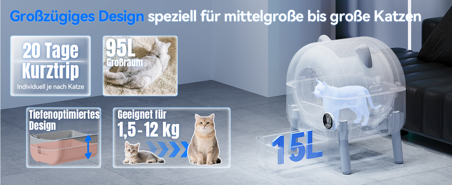 Автоматичний лоток для котів Devoko з самоочищенням, великий об'єм, керування через додаток, LED-підсвічування, килимок, для котів до 12 кг