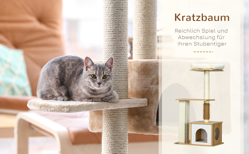 Дерев'яний кігтеточки PawHut для котів, 114 см, з будиночком та кігтедробилкою, для котів до 5 кг, дуб