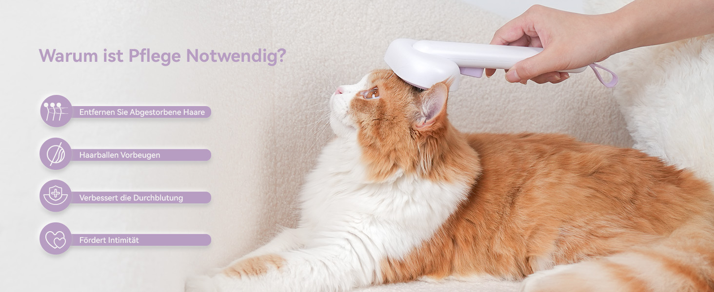 Щітка для котів Aumuca з кнопкою витягування, довговічна, для короткої та довгої шерсті, видаляє відмерле волосся та масажує, фіолетова