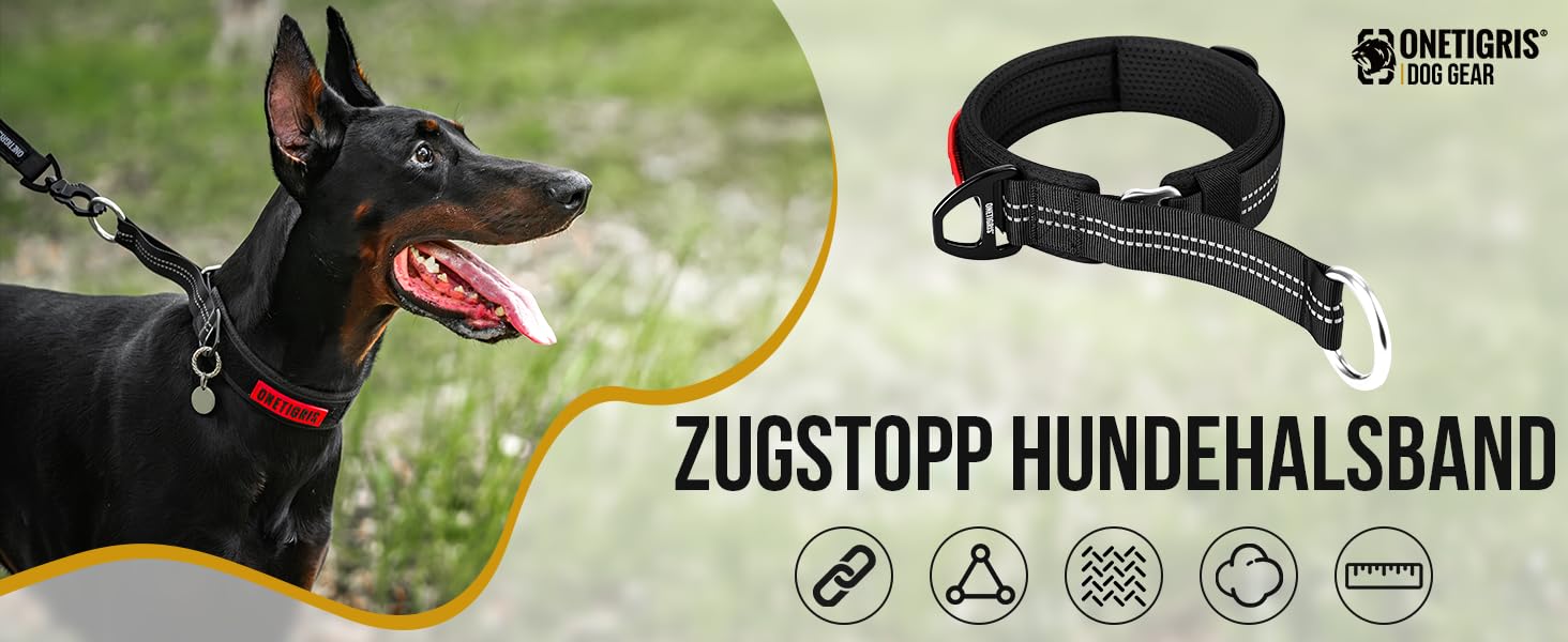 Нашийник для собак OneTigris Zug-Stopp, м'який з широкою підкладкою, з світловідбиваючими елементами, чорний, XL (для середніх та великих собак)