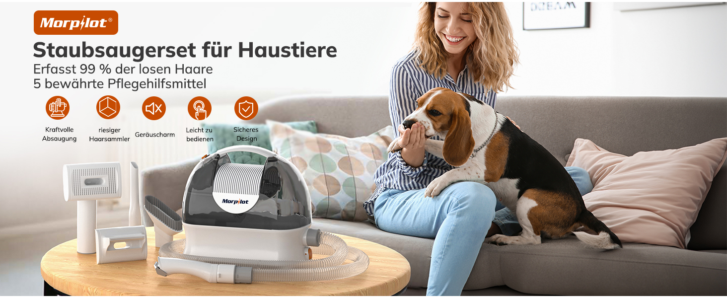 Електрична машинка для стрижки собак з пилососом Morpilot, 12000Pa, білий колір, з насадкою-щіткою, контейнер для шерсті 3L