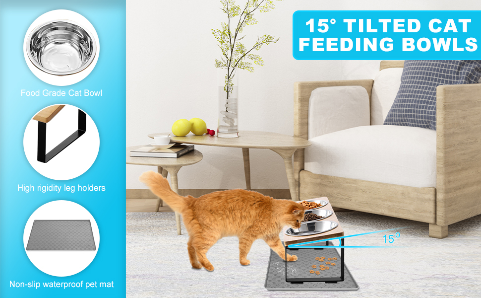 Підвищені годівниці для котів 3 шт. з нержавіючої сталі, 15° нахил, з підставкою з силікону та металевим кріпленням. Миска для корму та води для котів та маленьких собак