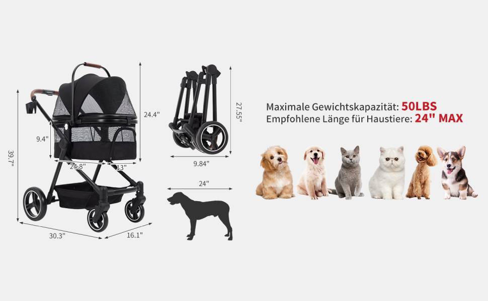 Складаний візок для собак та візок-буги для тварин до 15 кг, одноярусний, з повідцями безпеки, сітковими вікнами та місцем для зберігання, ідеальний для подорожей та прогулянок, чорний