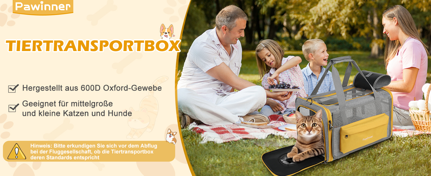 Транспортна переноска Pawinner для котів та собак, 45x33x33 см, з візком для авто та літака, складана, дихаюча, до 9 кг (Сірий, Світло-жовтий)