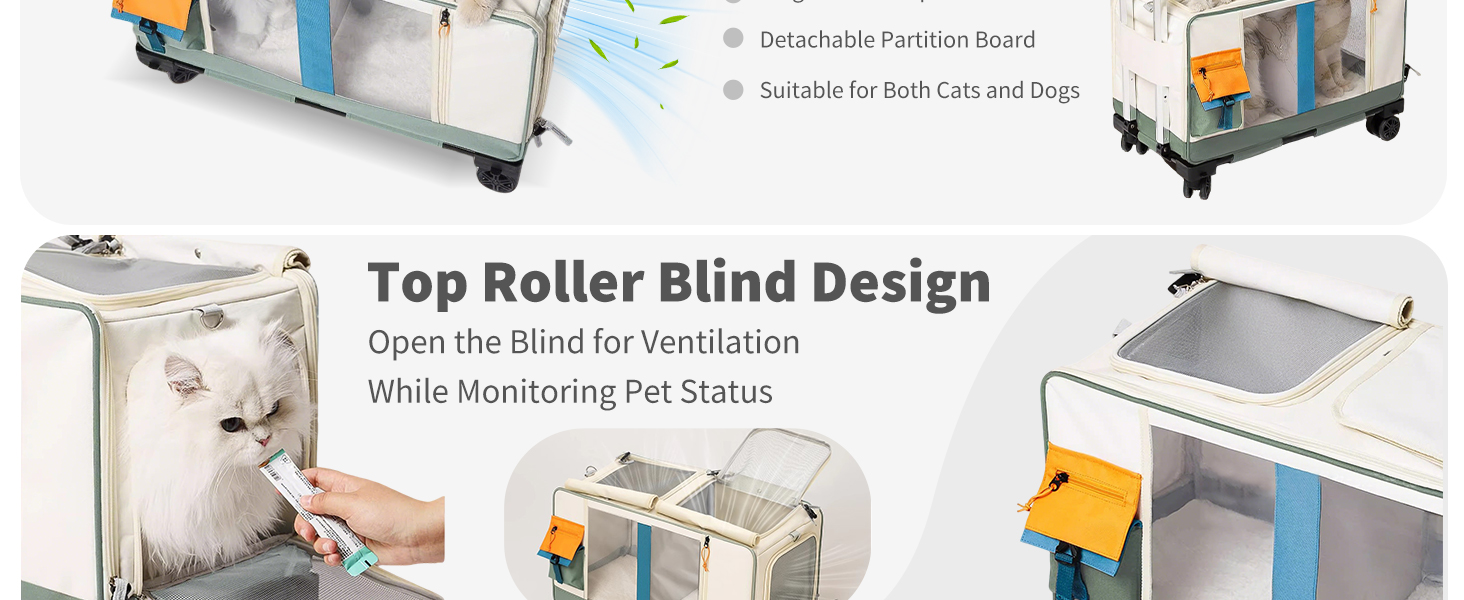 PETCUTE Транспортна сумка для тварин на 2 котів/собак з 2 відділеннями та знімними колесами, дихаюча, для подорожей, прогулянок, кемпінгу, бежево-коричнева