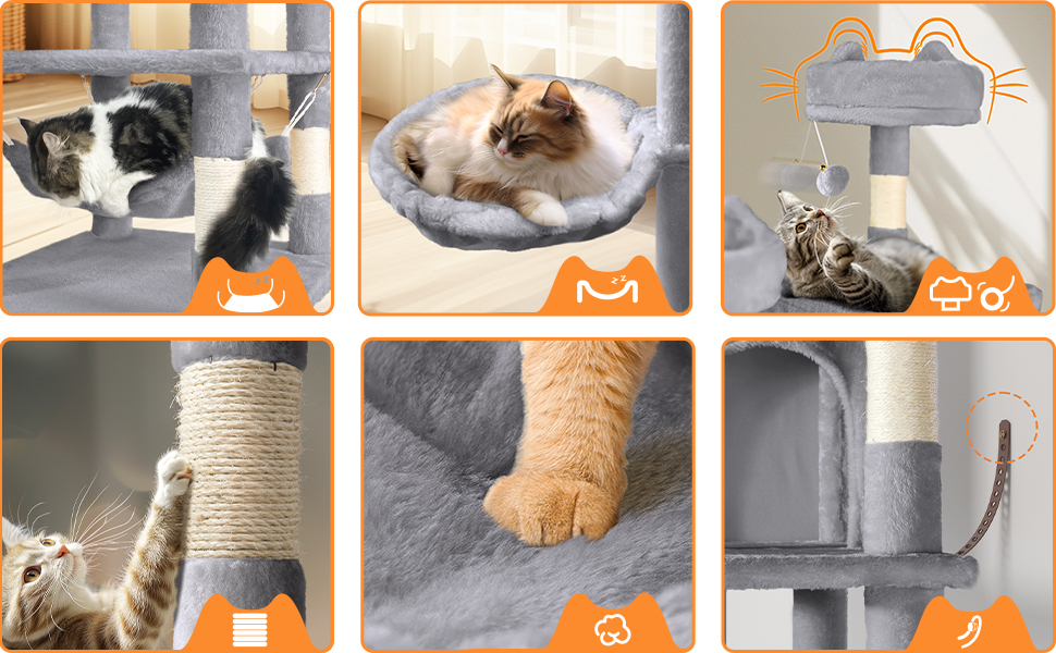 Двоповерховий котячий будиночок Vounot XXL (215 см), стійкий котячий комплекс з гамаком, корзиною та шматочками для дряпання, сірий