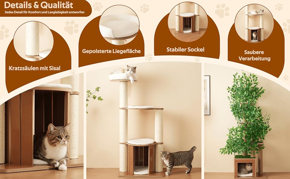 Кігтеточка для котів CareCooo 135 см з товстими стійкими стовпчиками, з будиночком, захистом від перекидання, з сизалю, водонепроникна, для великих котів, коричнево-біла