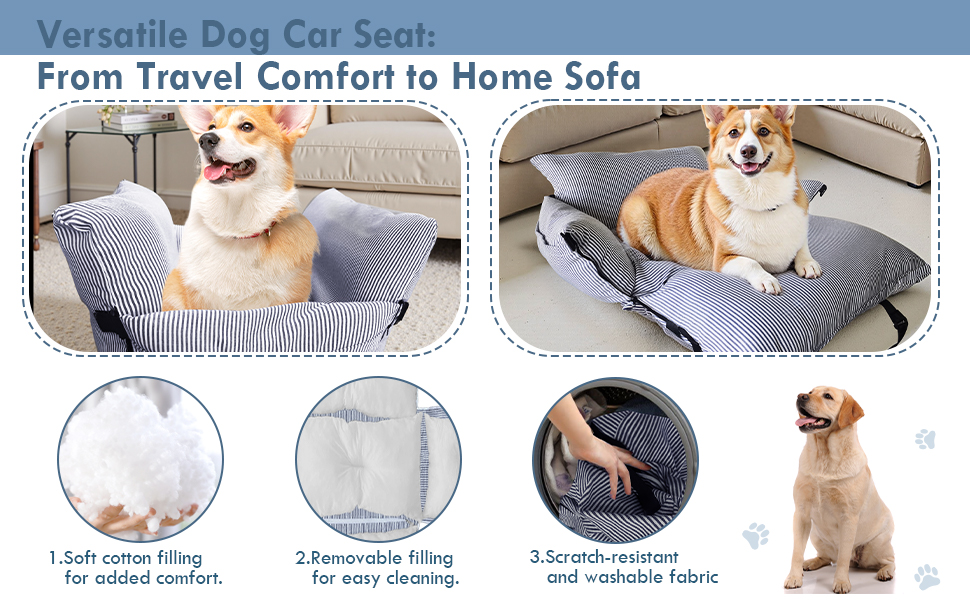 Автокрісло для собак - автокрісло-бустер для маленьких та середніх собак до 18 кг, з ременем безпеки та кишенями для зберігання, миється, антиковзаюча підставка (смугастий морський колір), 30x20.5 дюймів