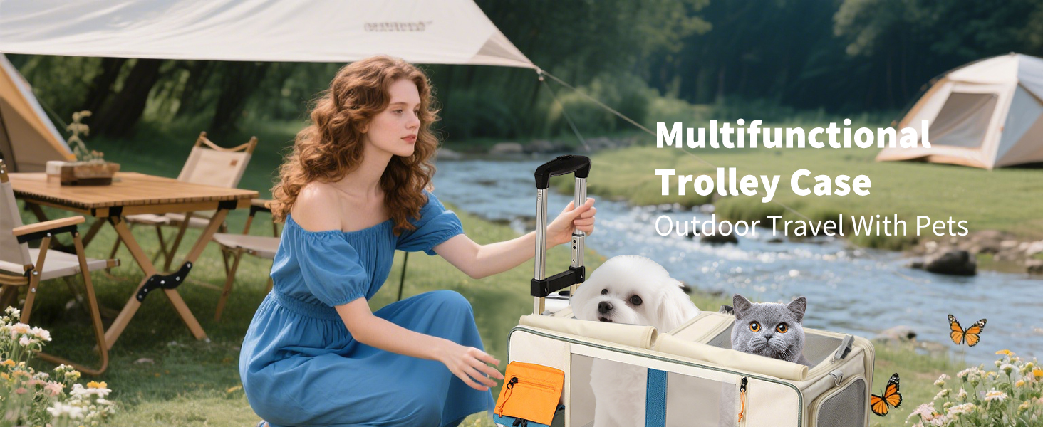 PETCUTE Транспортна сумка для тварин на 2 котів/собак з 2 відділеннями та знімними колесами, дихаюча, для подорожей, прогулянок, кемпінгу, бежево-коричнева