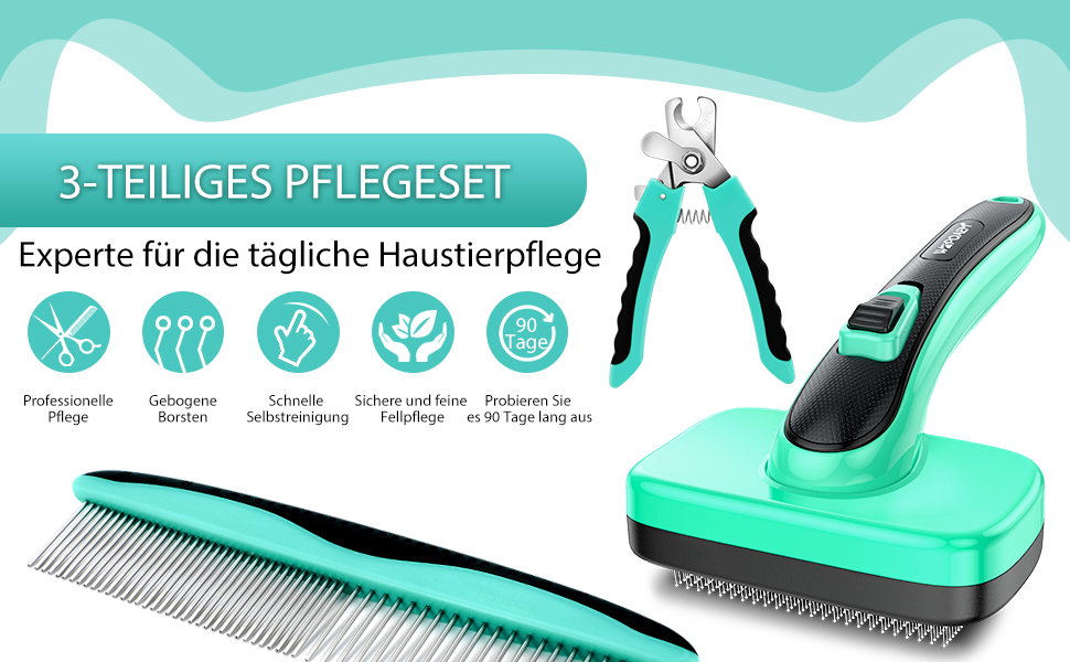Набір для догляду за тваринами 3 шт: щітка для собак і котів, самоочисна, щітка для підшерстка та відмерлого хутра, стригувач нігтів та гребінець для шерсті, ідеально підходить для довгошерстих та короткошерстих, Зелений Аквазелений