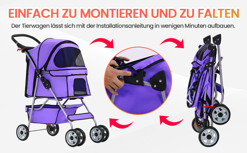Візок для собак FDW, складний, для котів та собак, з обертовими колесами на 360°, з кошиком для зберігання, подушкою та сітковими віконцями, тримачем для напоїв, до 15 кг, фіолетовий