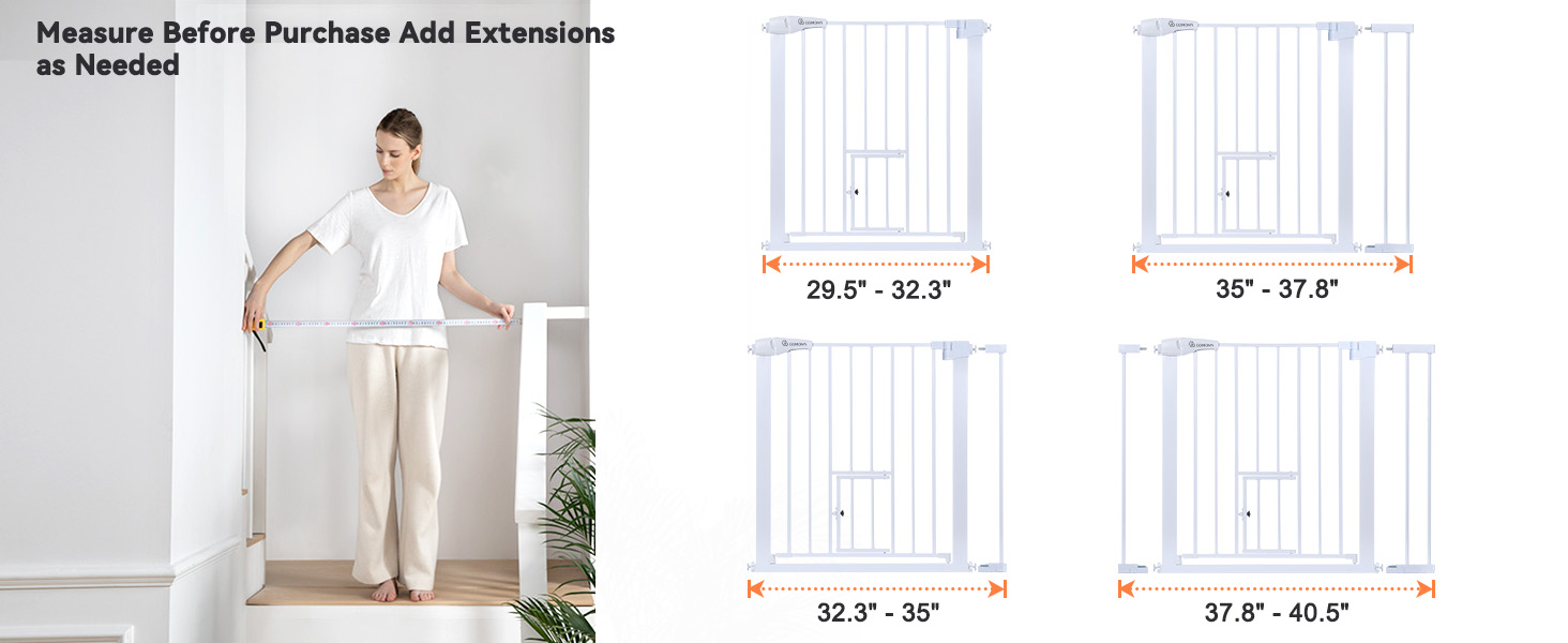 Захист для дверей COMOMY з дверцятами для котів, 75-103 см. Захист для собак та котів без свердління, автоматичне закриття, розширюваний, білий
