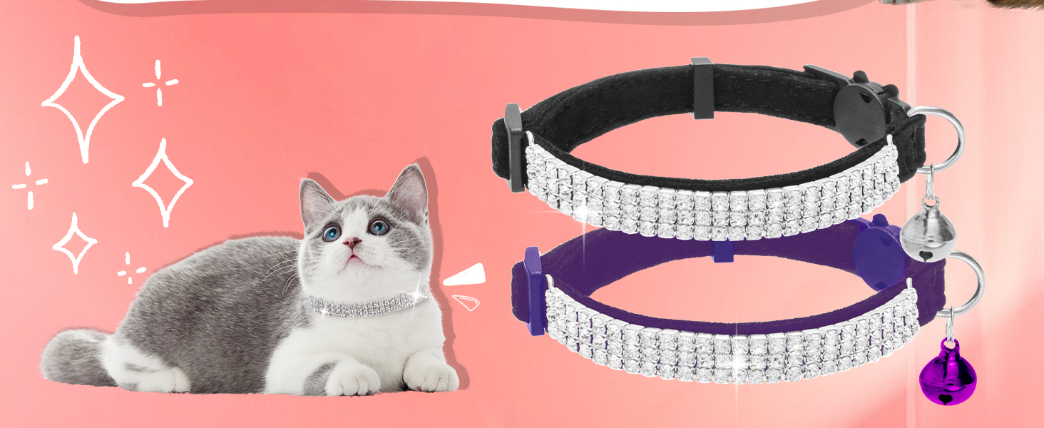 Нашийник для котів ExPawlorer з дзвіночком та стразами, м'який оксамит, безпечний, регульований, для котів та маленьких собак, 2 шт. (чорний та фіолетовий), 9'-12'