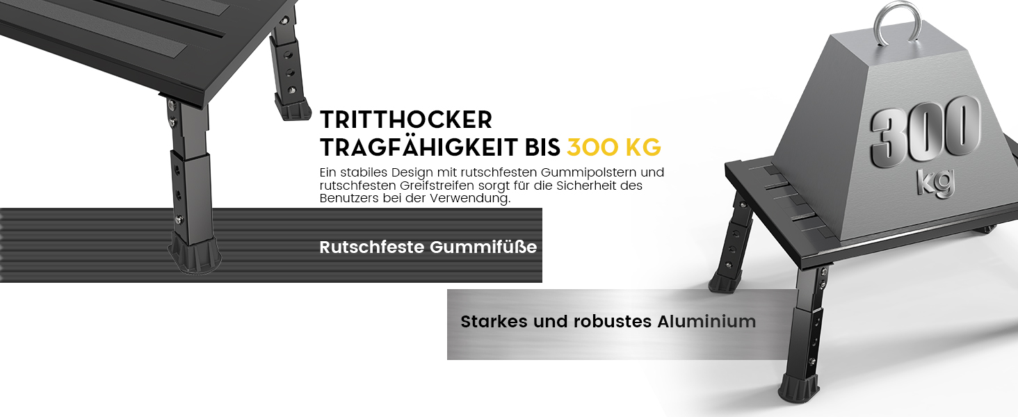 Алюмінієва розкладна сходинка-підставка, 300 кг, 3 сходинки, регульована висота, широка антиковзка поверхня, для автодому, саду та сходинок для собак, легка та складна (Чорний)