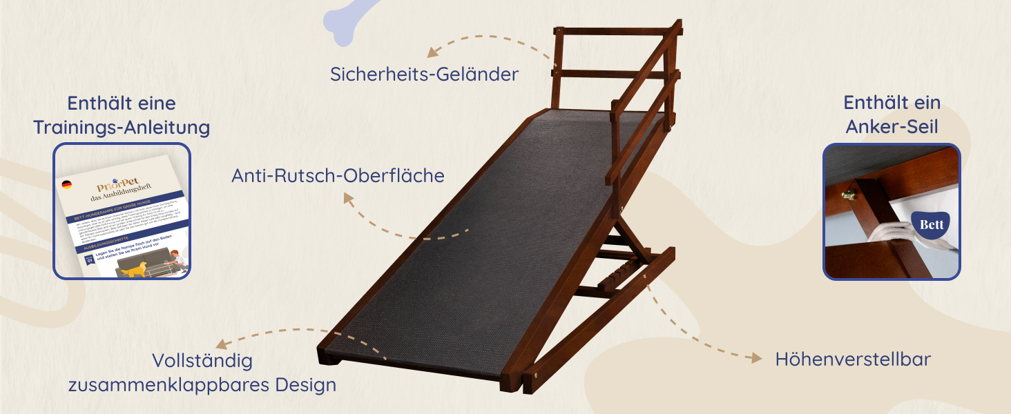 Східці для собак до ліжка з поручнями - для великих собак до 90 кг - регульована висота до 94.5 см - ширина 49,5 см - складані - антиковзні ручки - береза - натуральний колір (волоський горіх)