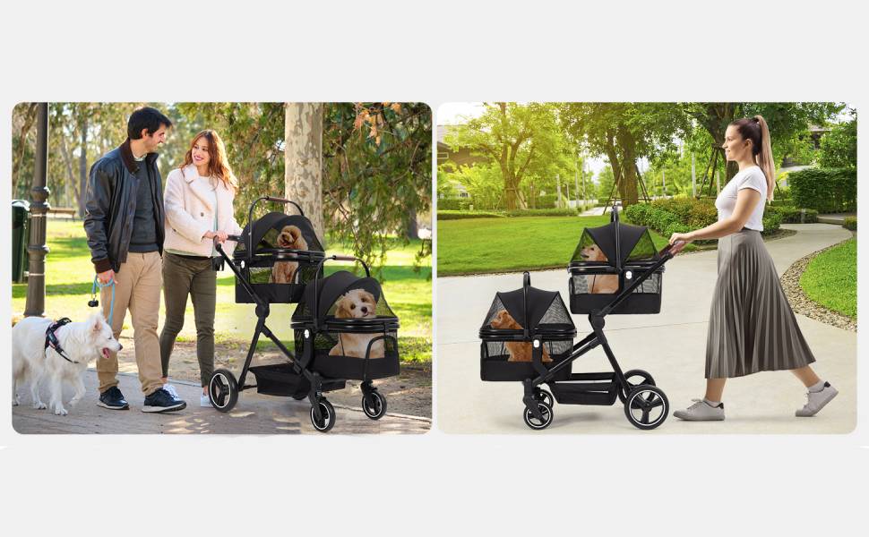 Складаний візок для собак та візок-буги для тварин до 15 кг, розкладний, з поводками безпеки, сітковими віконцями та місцем для зберігання, ідеальний для подорожей та прогулянок (Чорний, Подвійний)