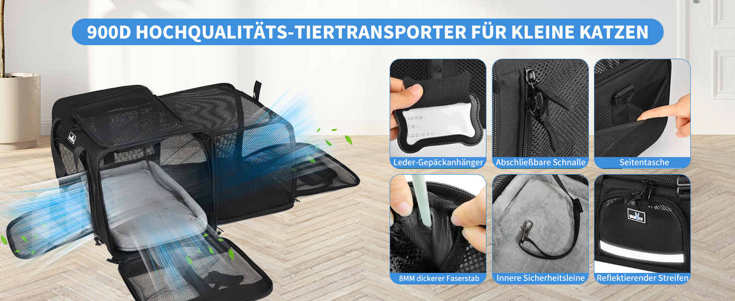 Сумка-переноска для собак та котів Wakytu, велика, чорна, розширювана, складна, 900D Oxford, міцна